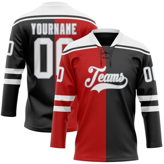 Custom Black White Red-Gray Split Fashion Hockey Lace Neck Jersey - Main View