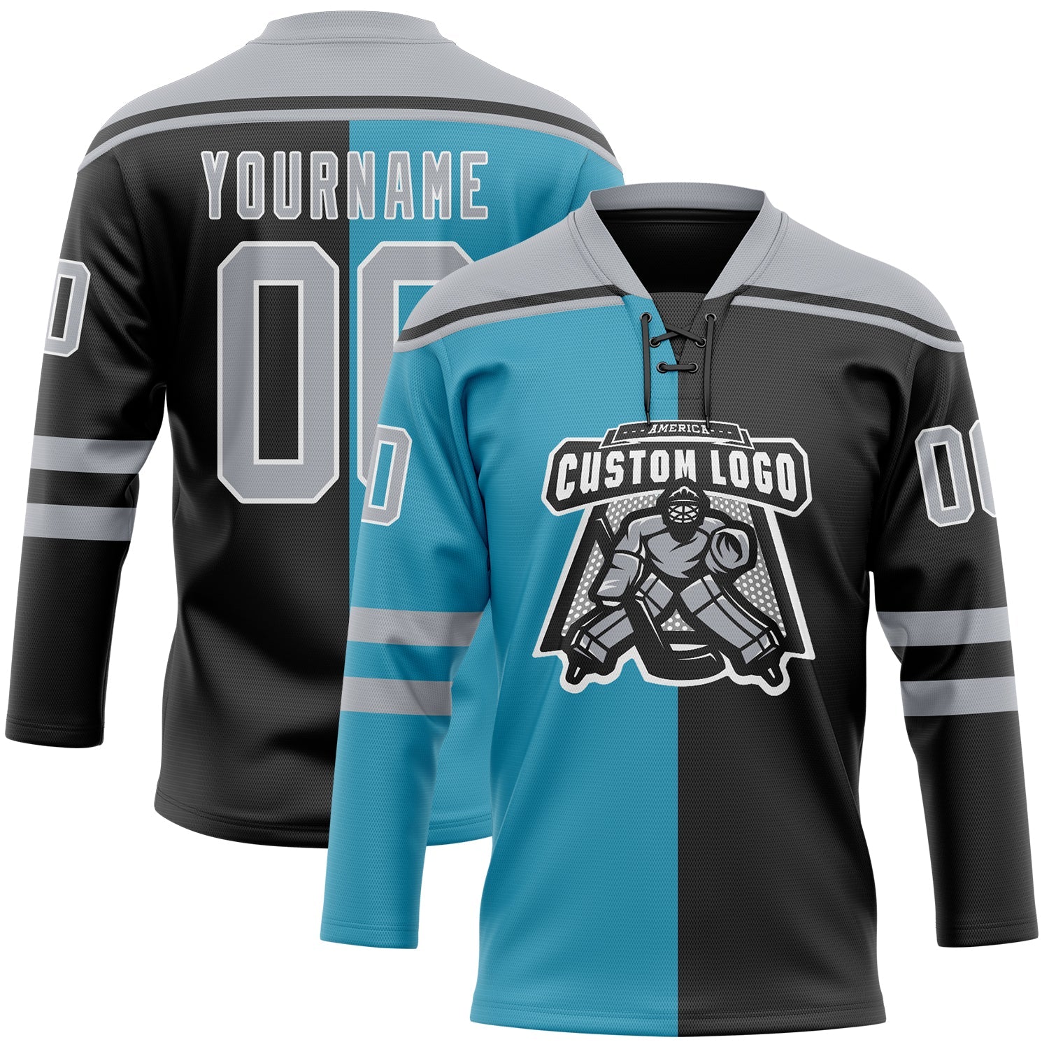 Custom Black Gray Panther Blue-White Split Fashion Hockey Lace Neck Jersey view 2