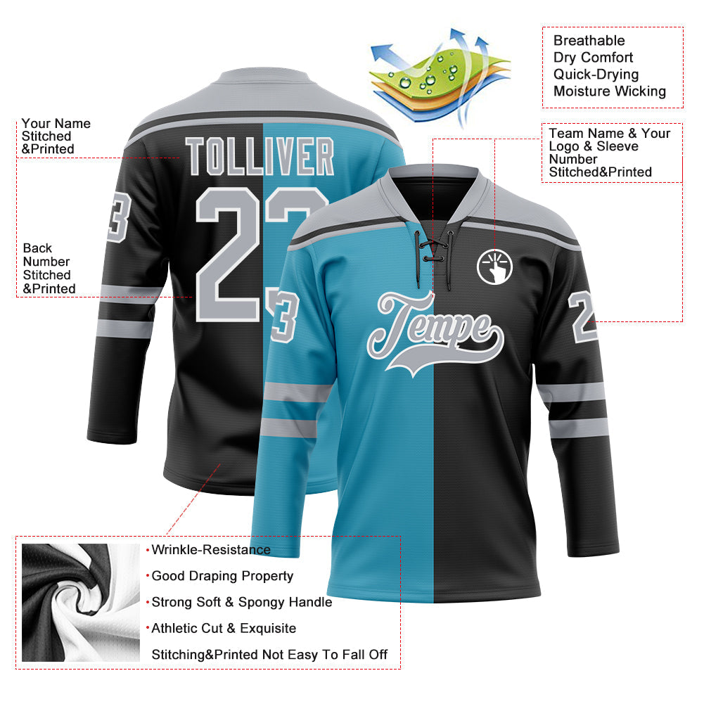 Custom Black Gray Panther Blue-White Split Fashion Hockey Lace Neck Jersey view 5