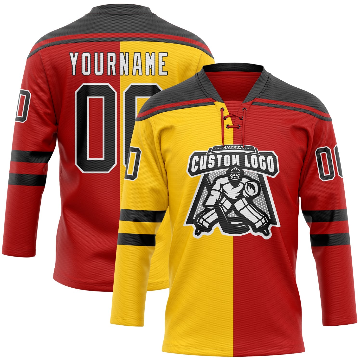 Custom Red Black Yellow-White Split Fashion Hockey Lace Neck Jersey view 2