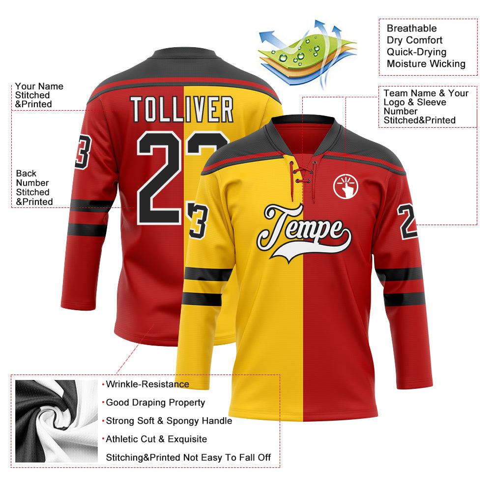 Custom Red Black Yellow-White Split Fashion Hockey Lace Neck Jersey view 5