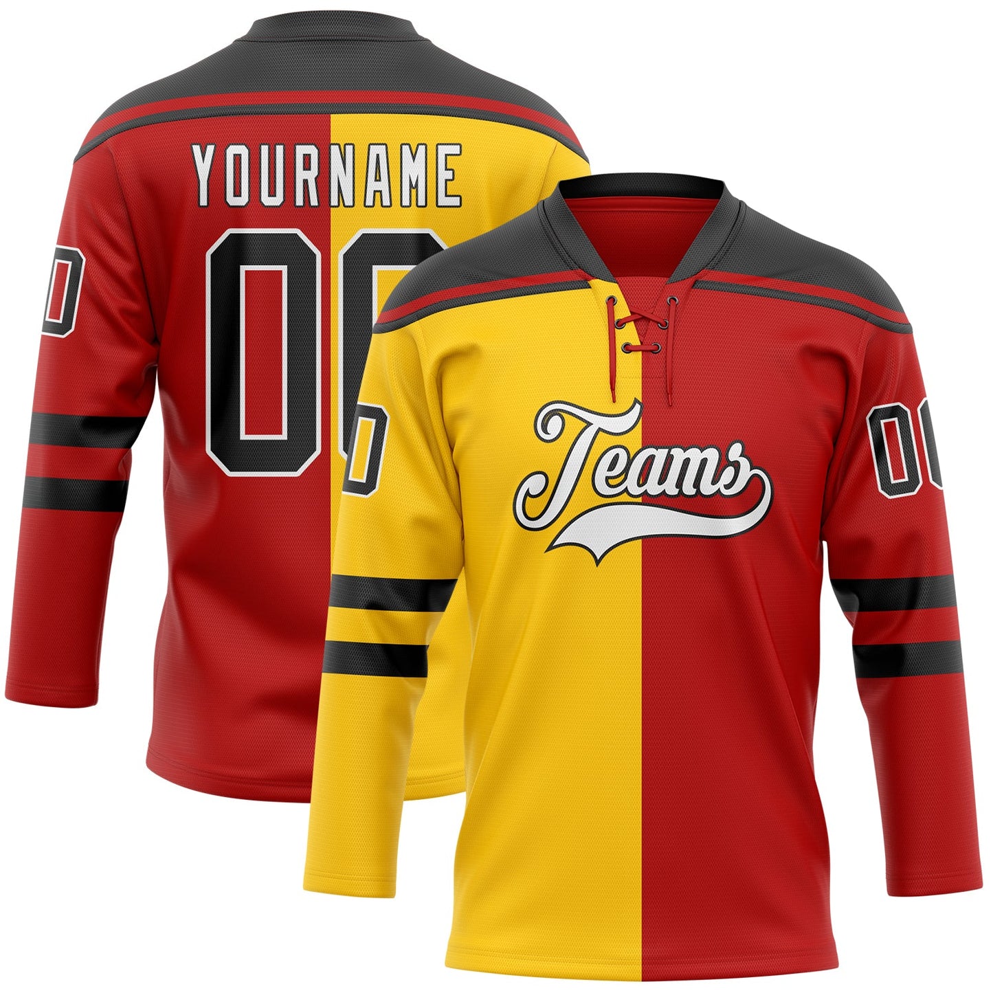 Custom Red Black Yellow-White Split Fashion Hockey Lace Neck Jersey - Main View