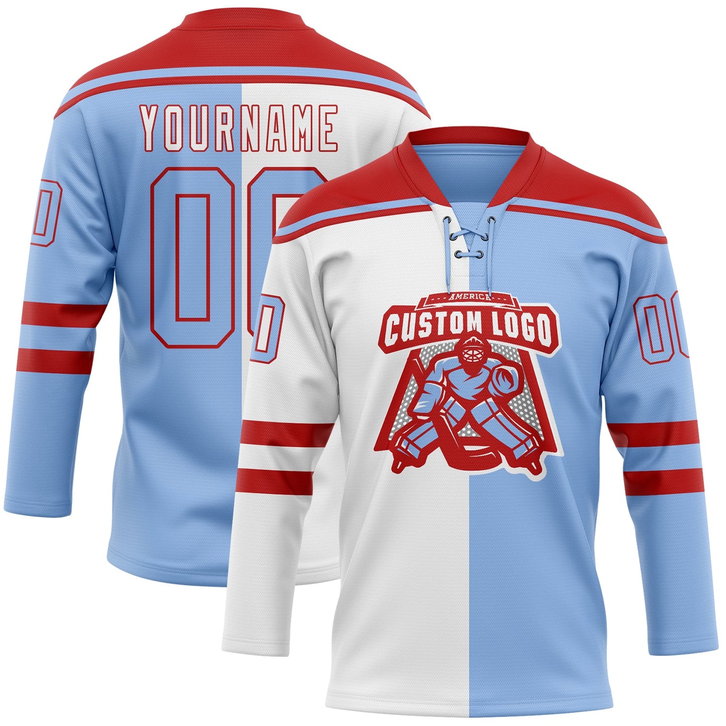 Custom Light Blue Red-White Split Fashion Hockey Lace Neck Jersey view 2