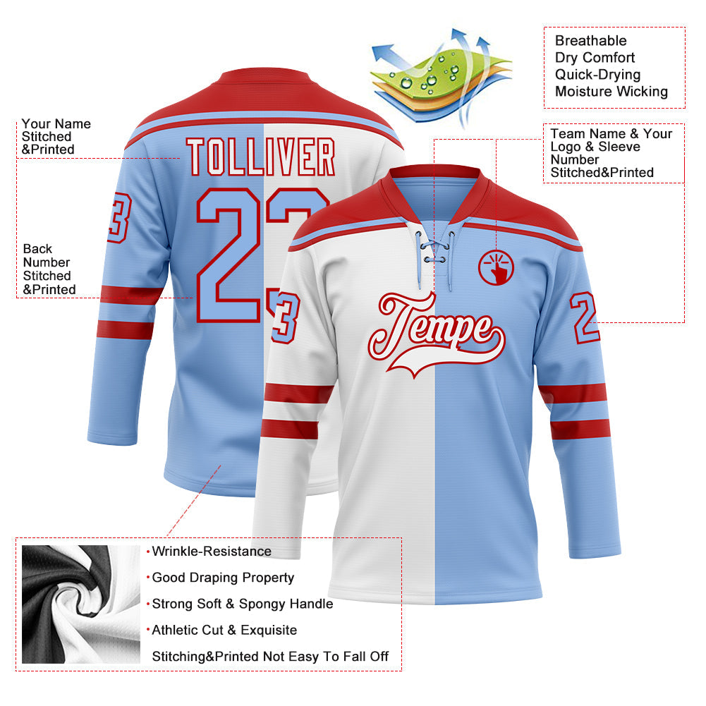 Custom Light Blue Red-White Split Fashion Hockey Lace Neck Jersey view 5