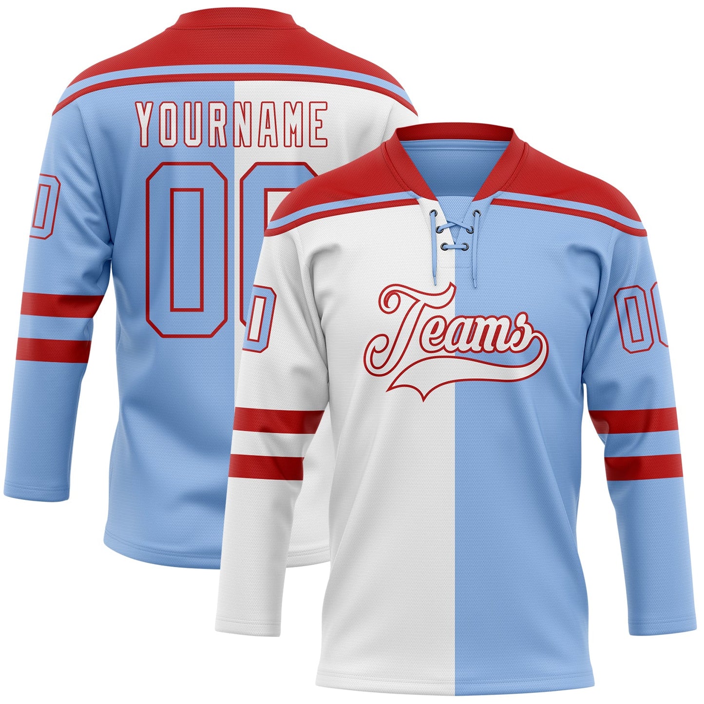 Custom Light Blue Red-White Split Fashion Hockey Lace Neck Jersey - Main View