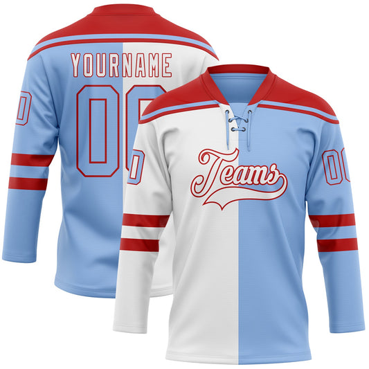 Custom Light Blue Red-White Split Fashion Hockey Lace Neck Jersey - Main View