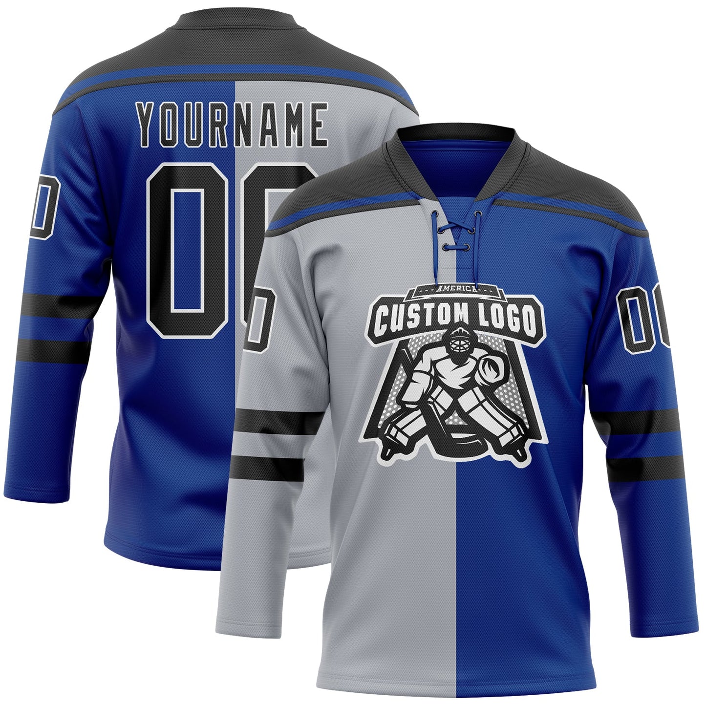 Custom Royal Black Gray-White Split Fashion Hockey Lace Neck Jersey view 2
