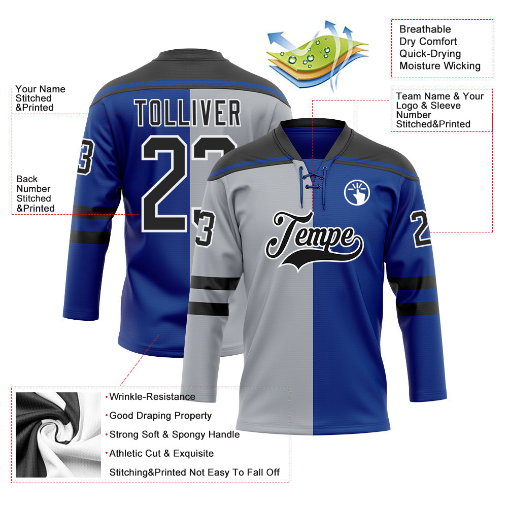 Custom Royal Black Gray-White Split Fashion Hockey Lace Neck Jersey view 5