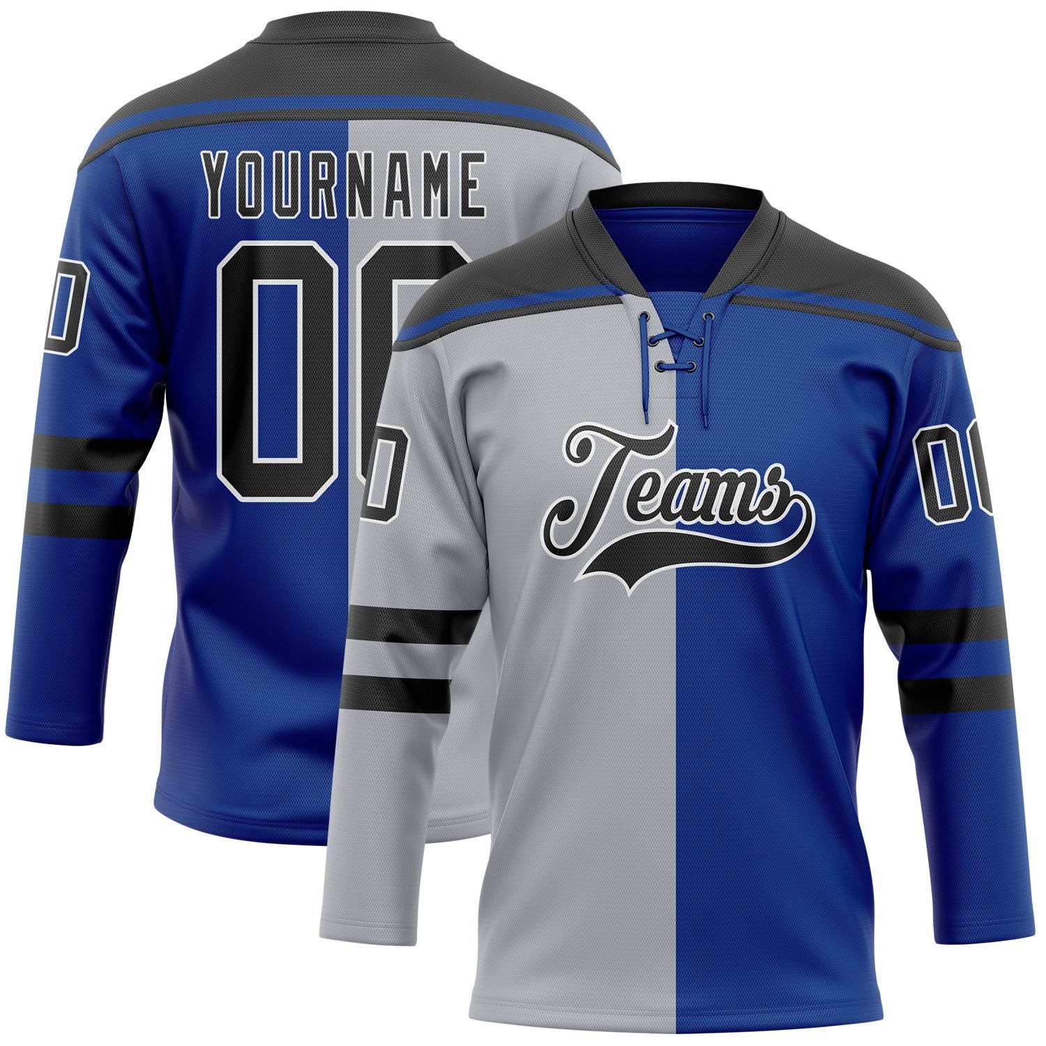 Custom Royal Black Gray-White Split Fashion Hockey Lace Neck Jersey - Main View