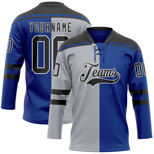 Custom Royal Black Gray-White Split Fashion Hockey Lace Neck Jersey - Main View