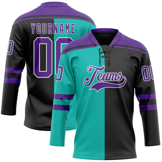 Custom Black Purple Aqua-White Split Fashion Hockey Lace Neck Jersey - Main View