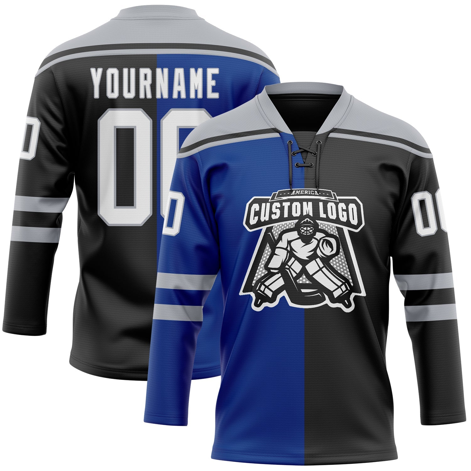 Custom Black White Royal-Gray Split Fashion Hockey Lace Neck Jersey view 2