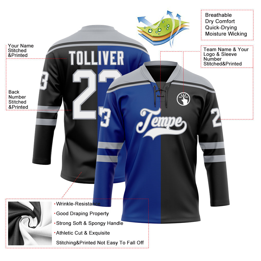 Custom Black White Royal-Gray Split Fashion Hockey Lace Neck Jersey view 5