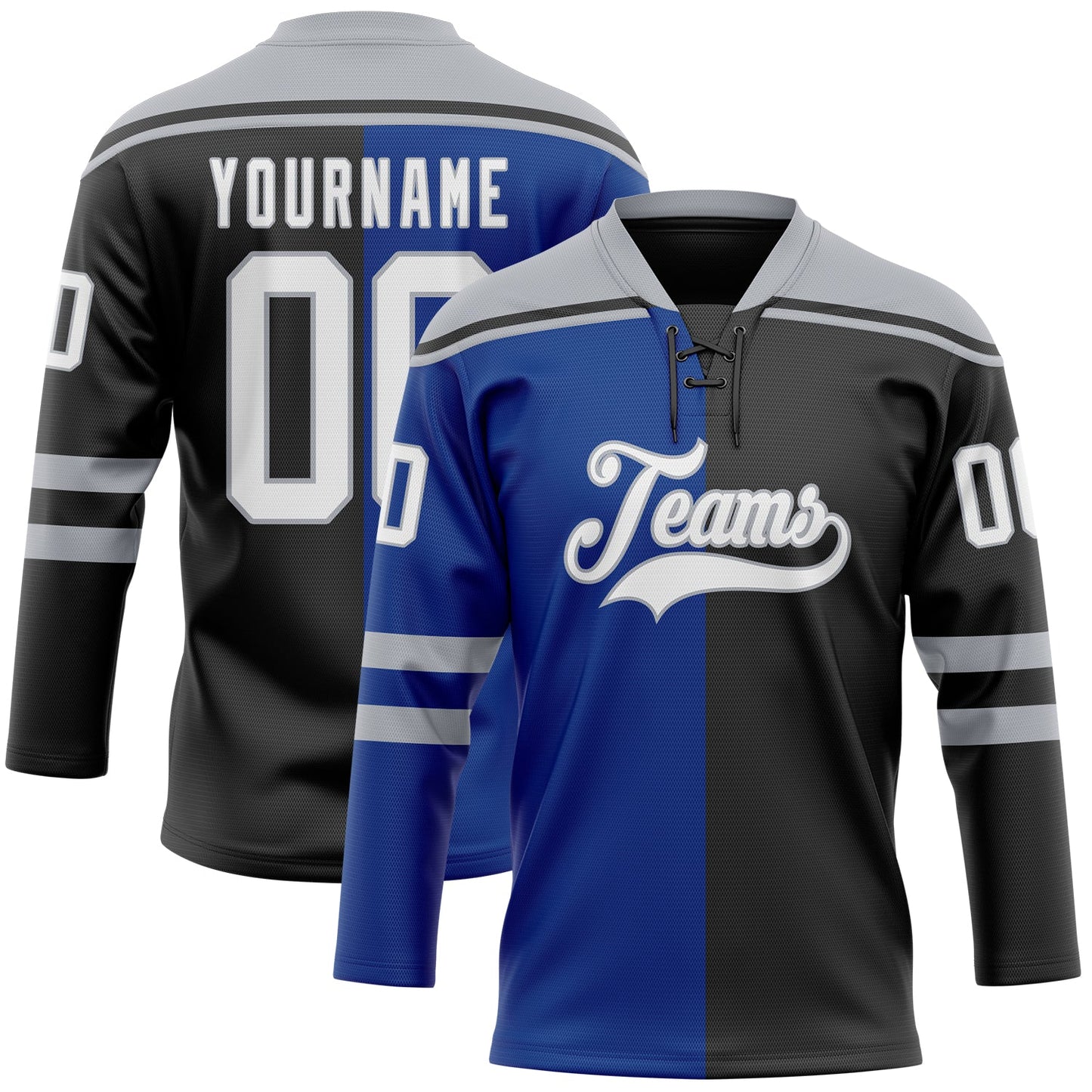 Custom Black White Royal-Gray Split Fashion Hockey Lace Neck Jersey - Main View