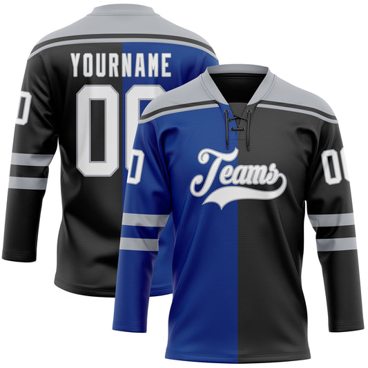 Custom Black White Royal-Gray Split Fashion Hockey Lace Neck Jersey - Main View