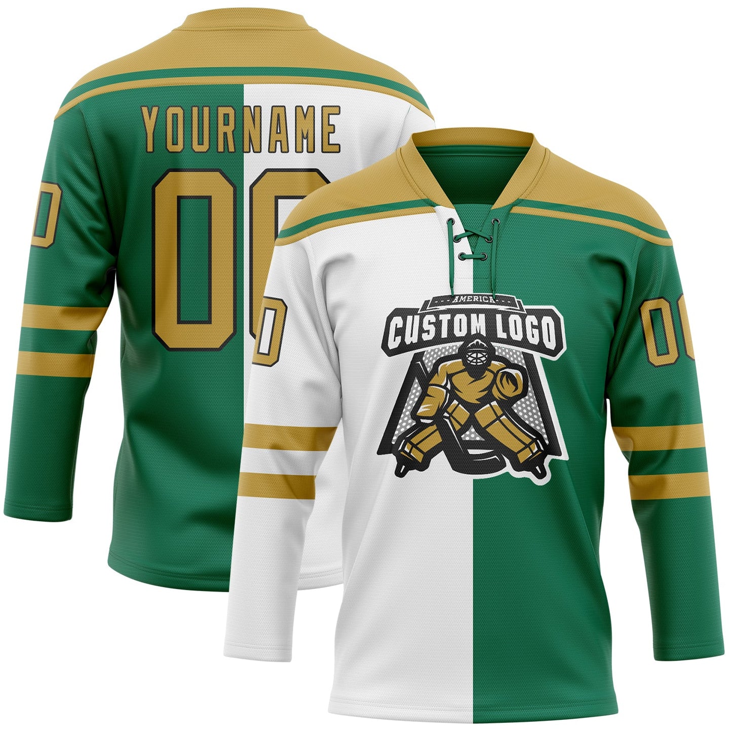Custom Kelly Green Old Gold Black-White Split Fashion Hockey Lace Neck Jersey view 2