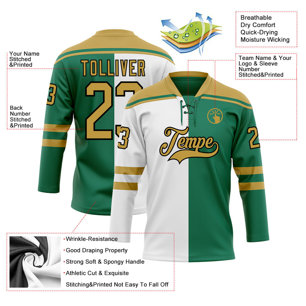 Custom Kelly Green Old Gold Black-White Split Fashion Hockey Lace Neck Jersey view 5