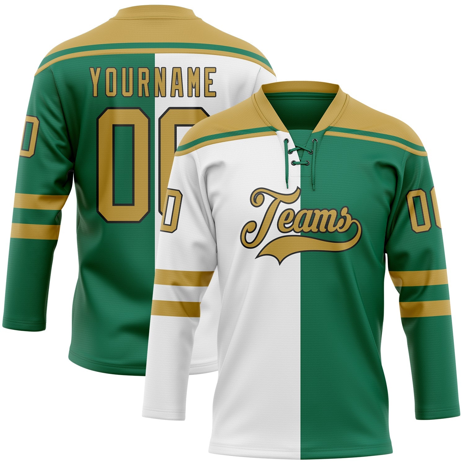Custom Kelly Green Old Gold Black-White Split Fashion Hockey Lace Neck Jersey - Main View