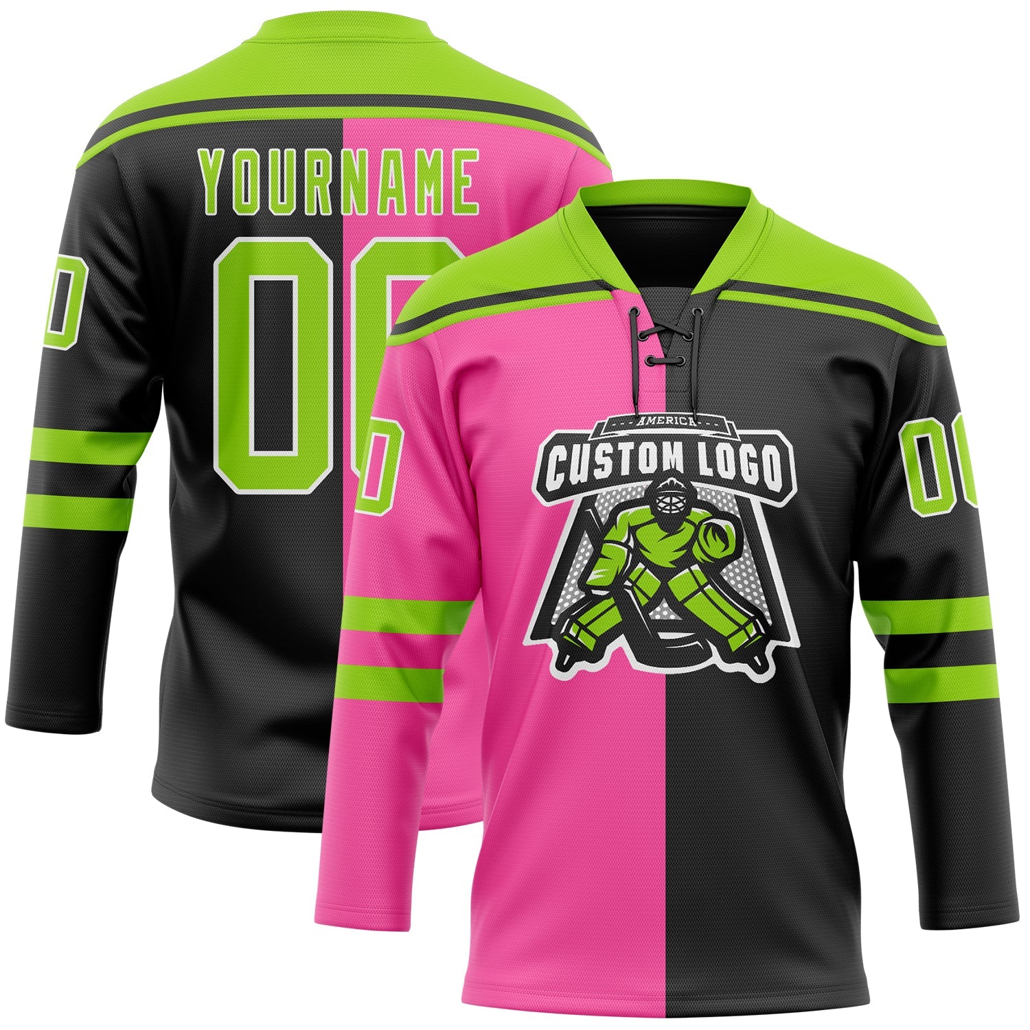 Custom Black Neon Green Pink-White Split Fashion Hockey Lace Neck Jersey view 2