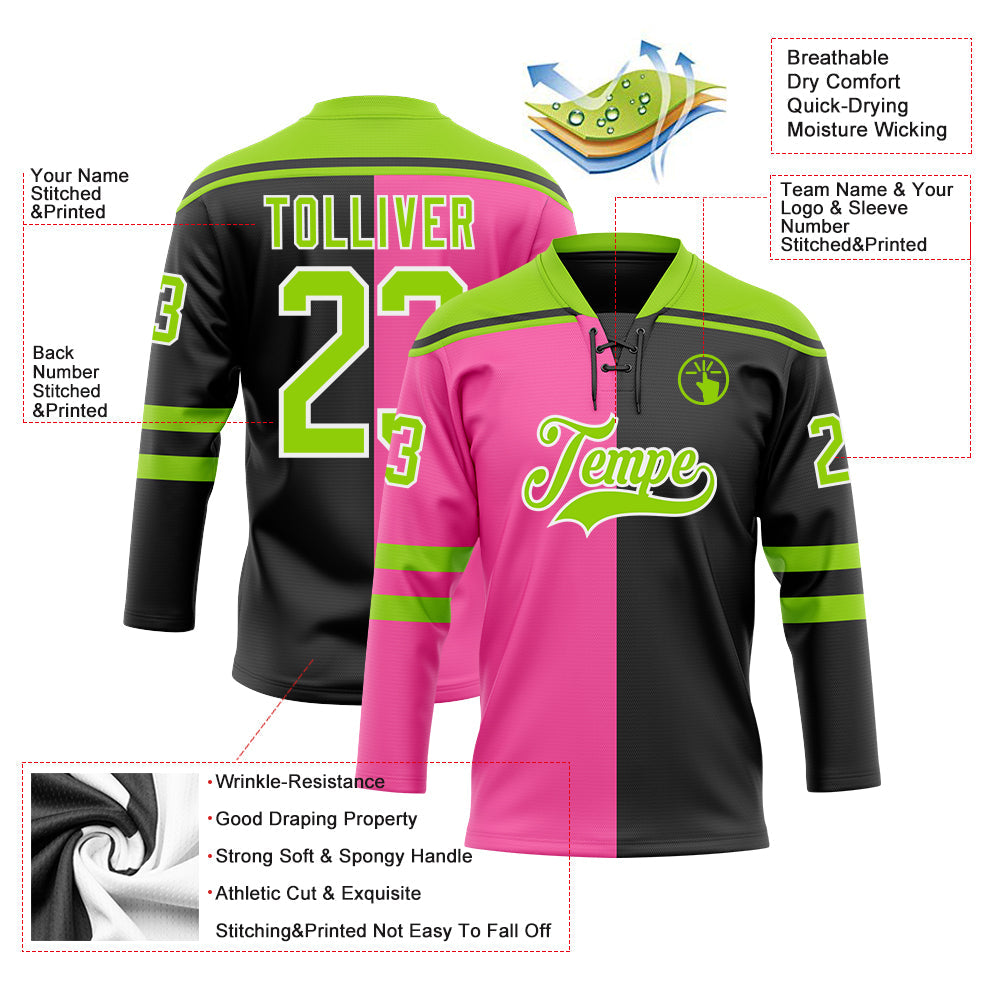 Custom Black Neon Green Pink-White Split Fashion Hockey Lace Neck Jersey view 5