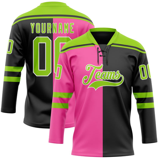Custom Black Neon Green Pink-White Split Fashion Hockey Lace Neck Jersey - Main View