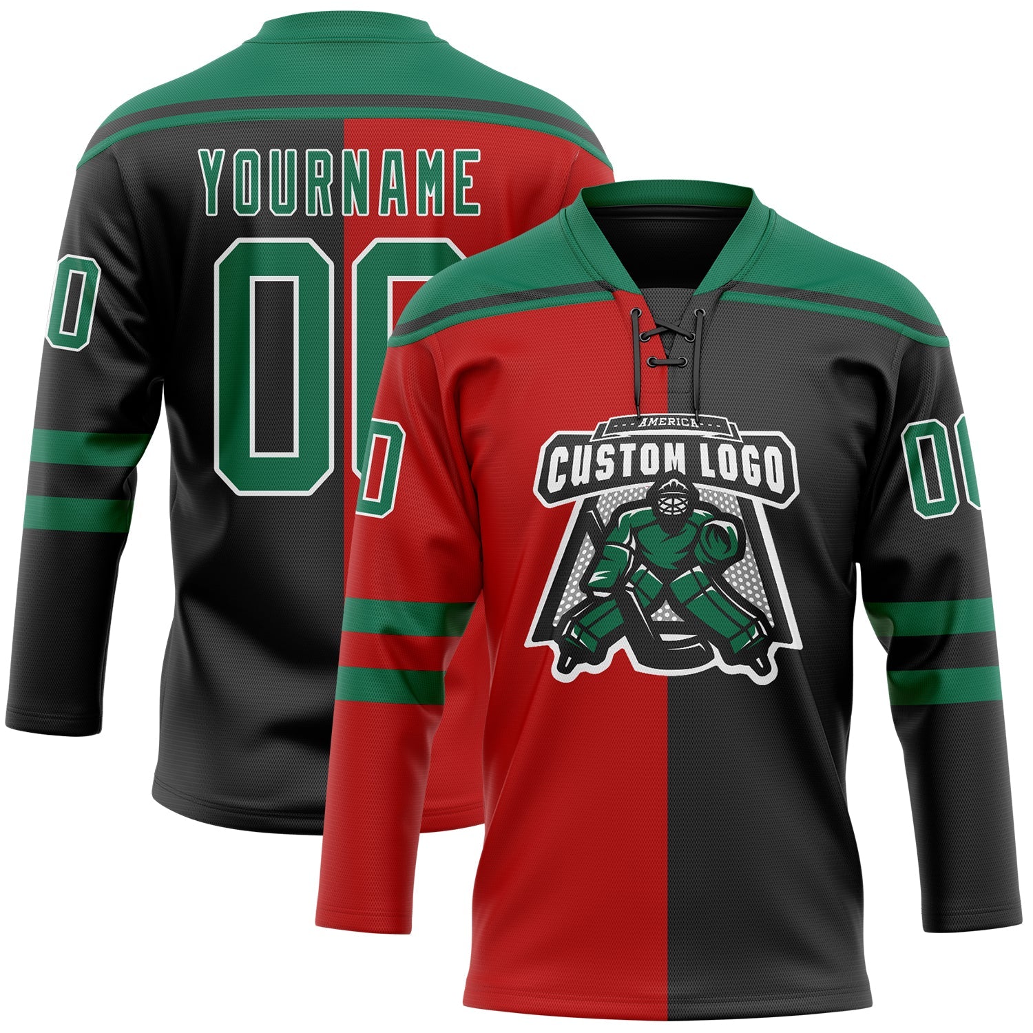 Custom Black Kelly Green Red-White Split Fashion Hockey Lace Neck Jersey view 2
