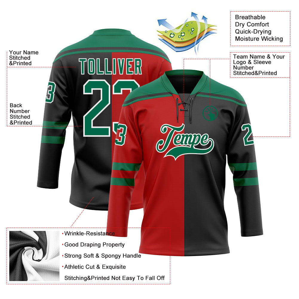 Custom Black Kelly Green Red-White Split Fashion Hockey Lace Neck Jersey view 5
