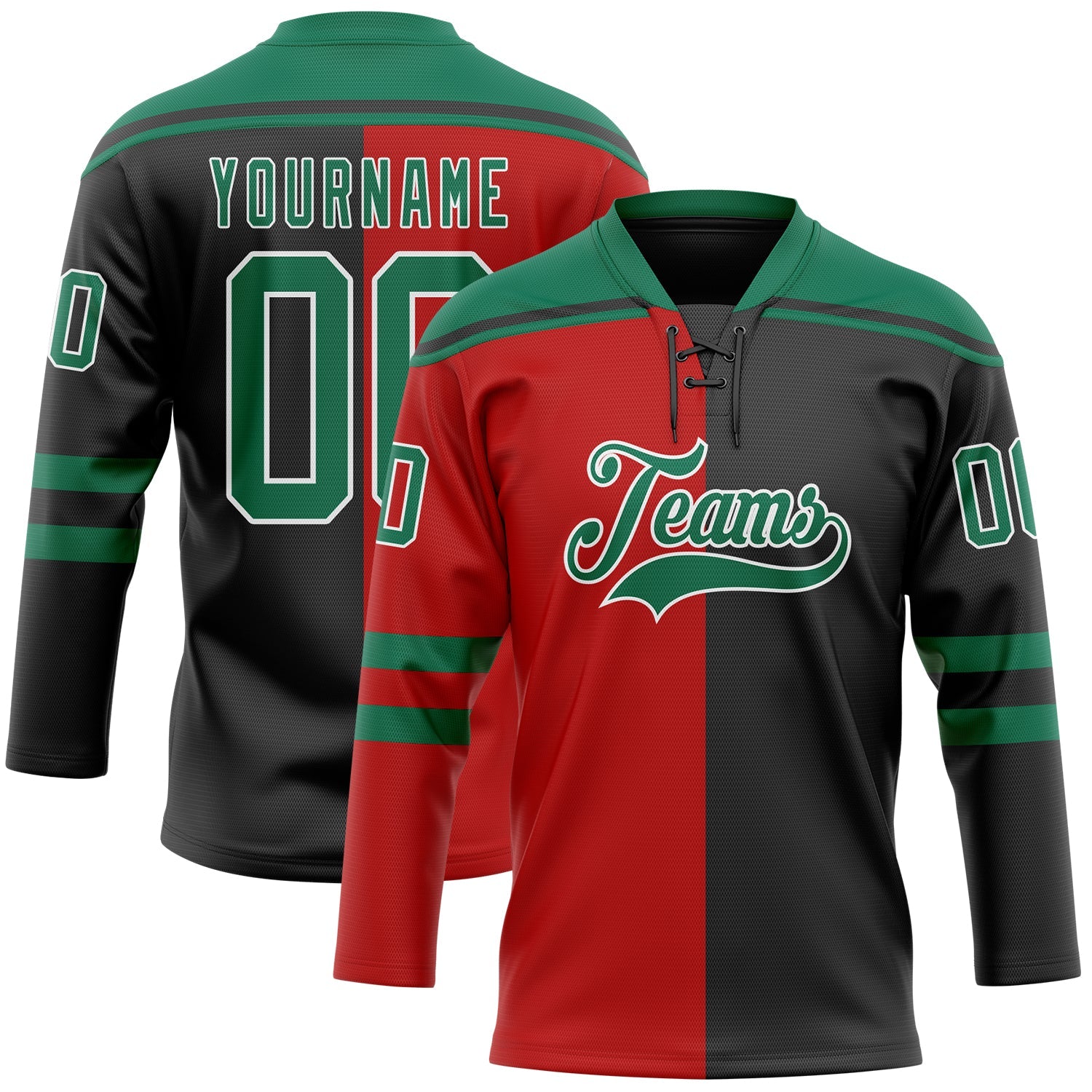 Custom Black Kelly Green Red-White Split Fashion Hockey Lace Neck Jersey - Main View