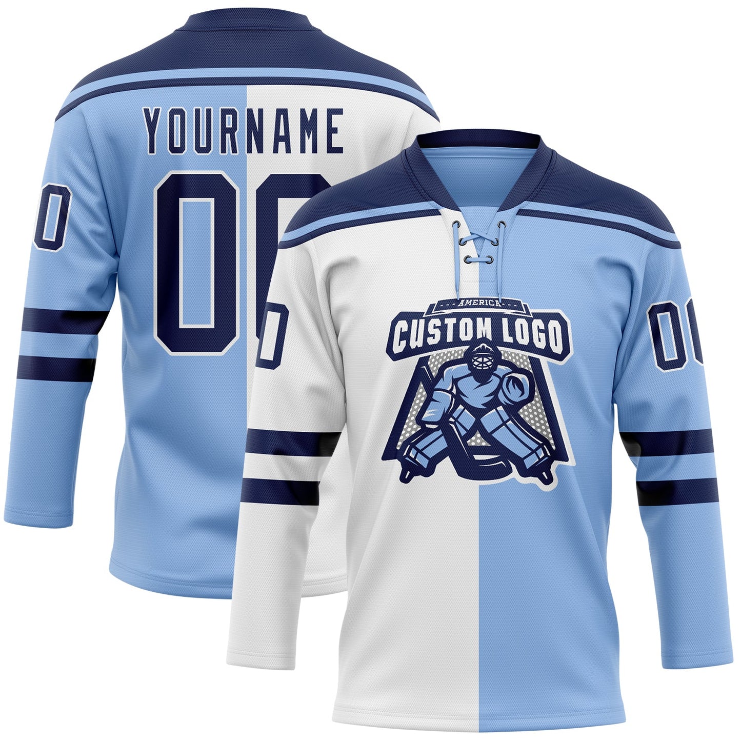 Custom Light Blue Navy-White Split Fashion Hockey Lace Neck Jersey view 2