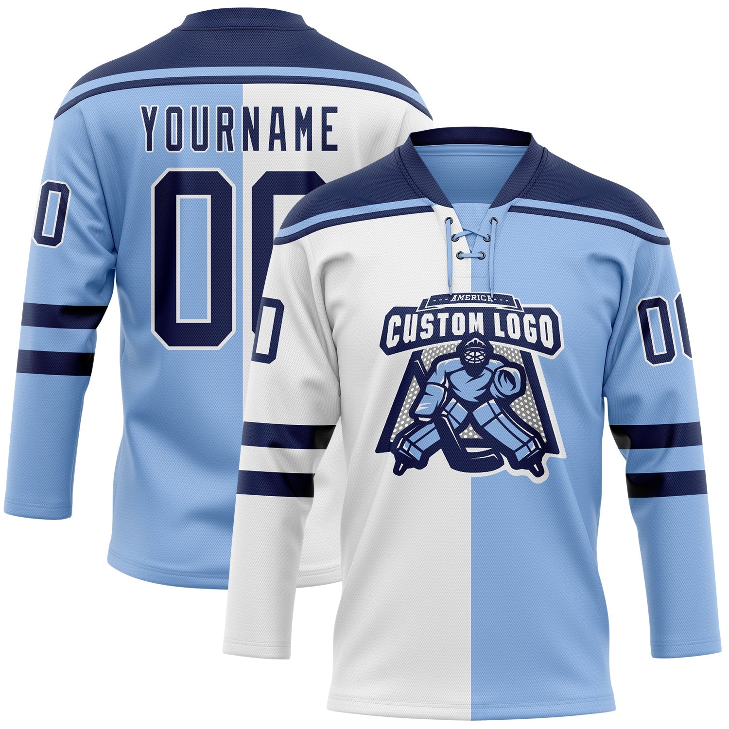 Custom Light Blue Navy-White Split Fashion Hockey Lace Neck Jersey view 2