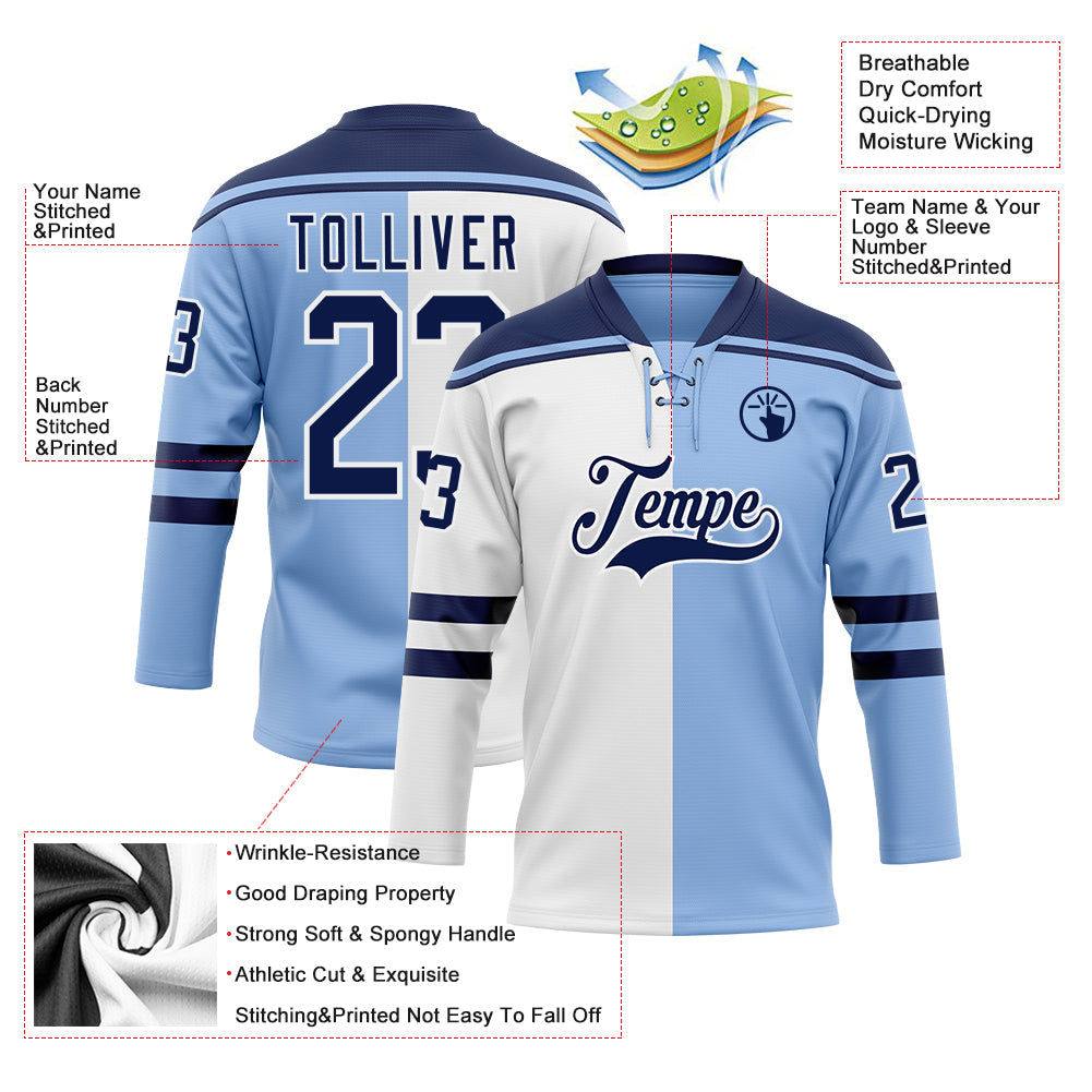 Custom Light Blue Navy-White Split Fashion Hockey Lace Neck Jersey view 5
