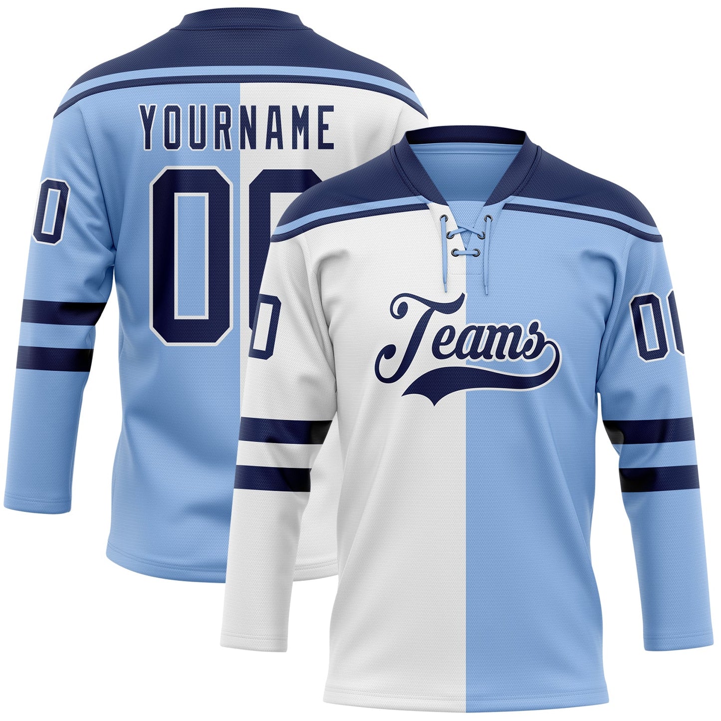 Custom Light Blue Navy-White Split Fashion Hockey Lace Neck Jersey - Main View