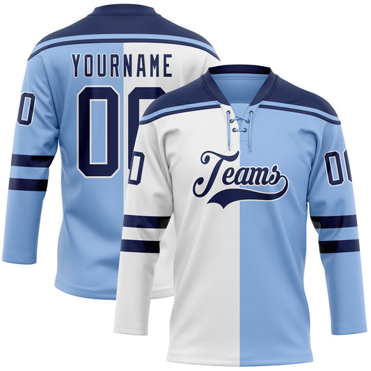 Custom Light Blue Navy-White Split Fashion Hockey Lace Neck Jersey - Main View