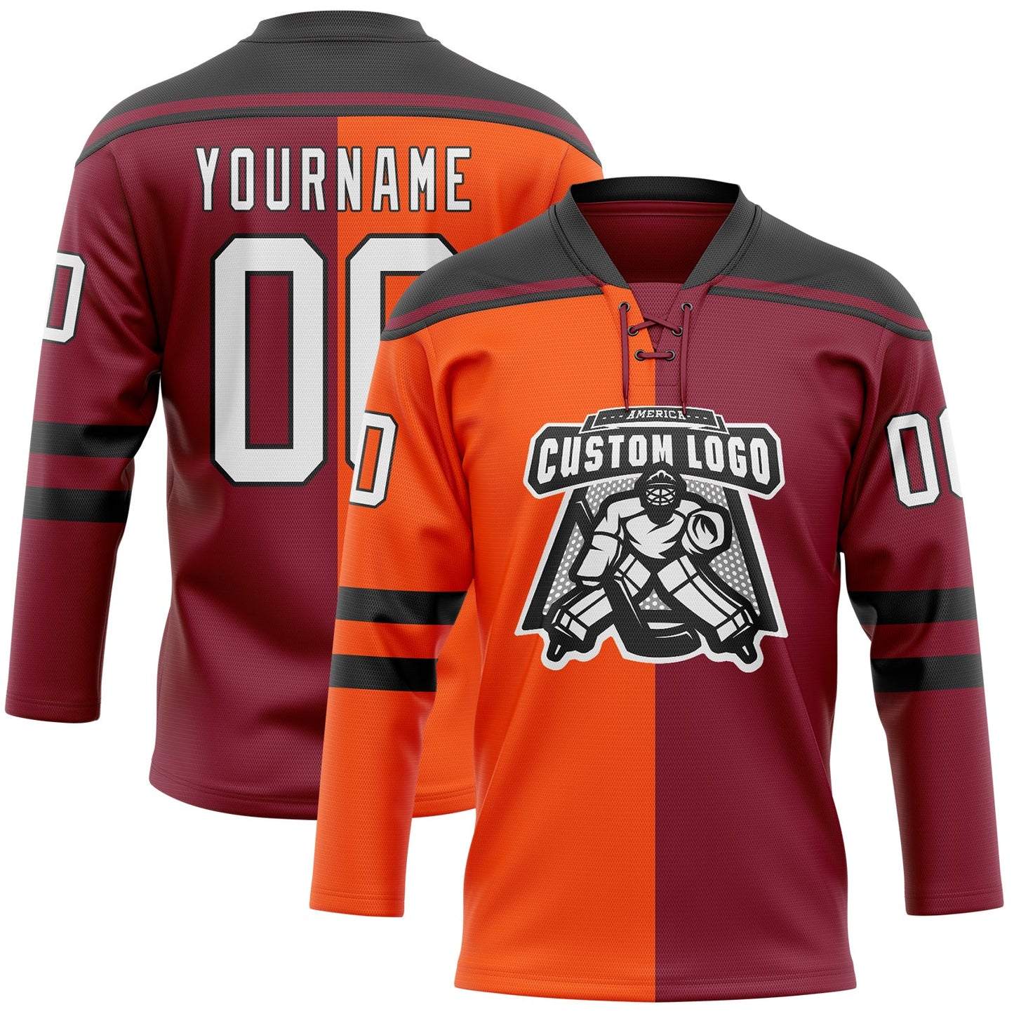 Custom Crimson White Orange-Black Split Fashion Hockey Lace Neck Jersey view 2