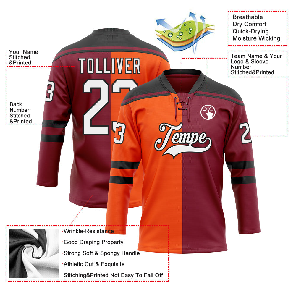 Custom Crimson White Orange-Black Split Fashion Hockey Lace Neck Jersey view 5