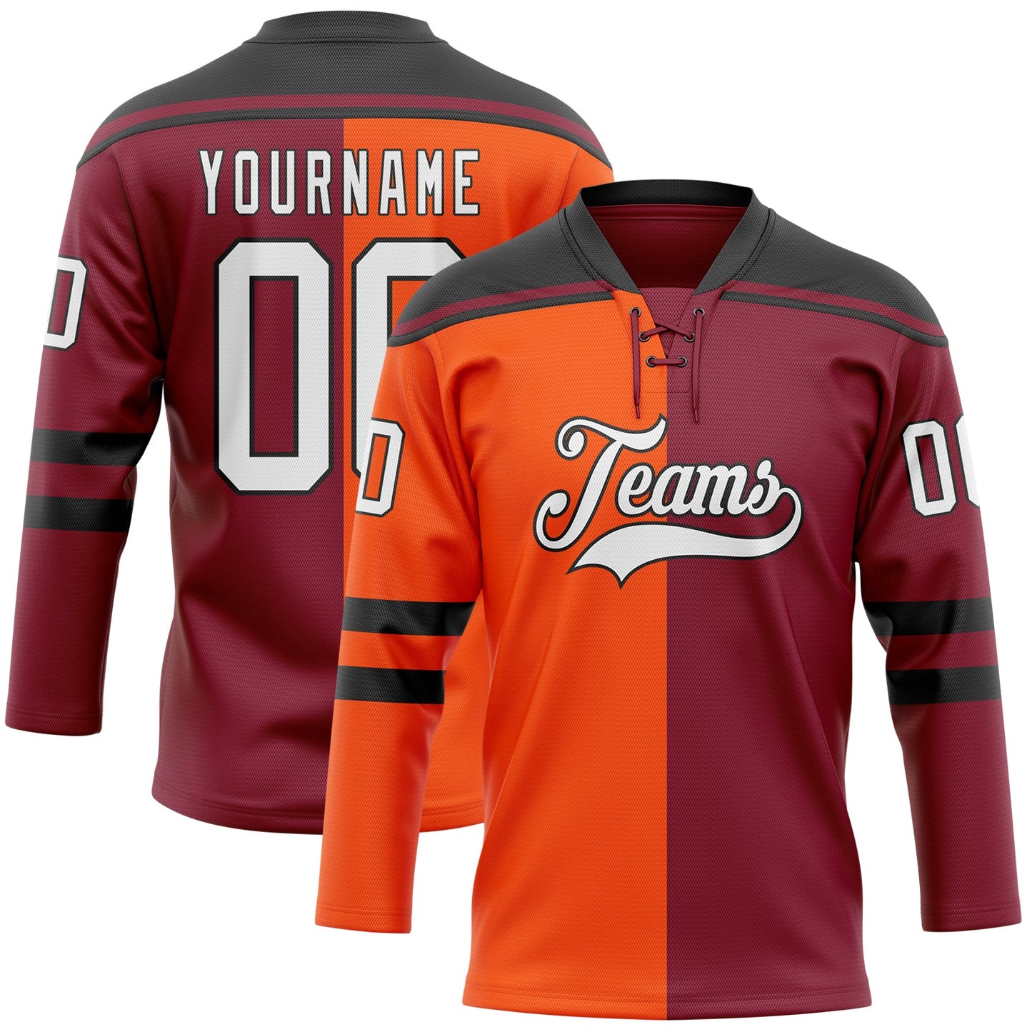 Custom Crimson White Orange-Black Split Fashion Hockey Lace Neck Jersey - Main View