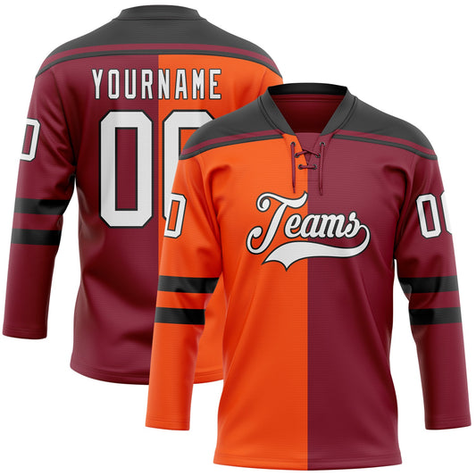 Custom Crimson White Orange-Black Split Fashion Hockey Lace Neck Jersey - Main View