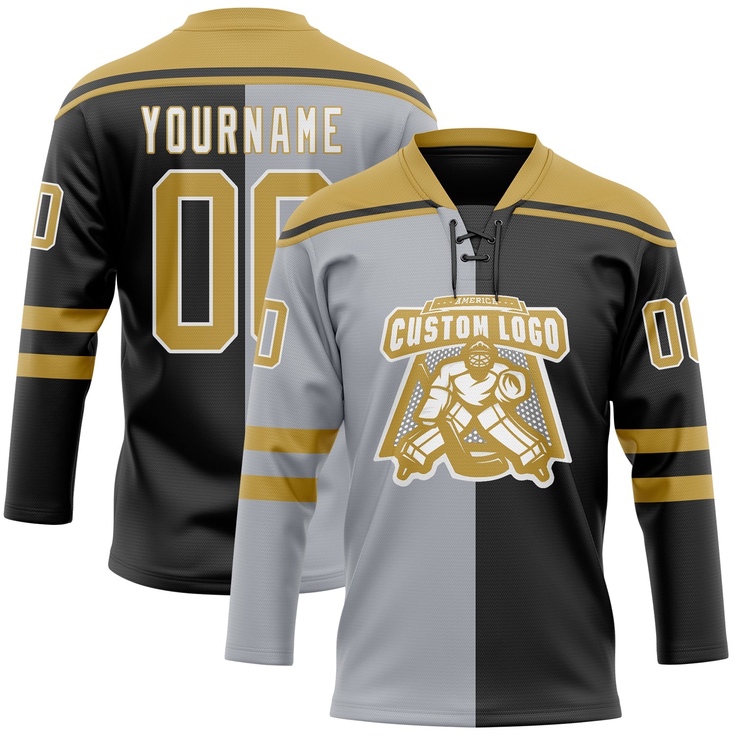 Custom Black Old Gold Gray-White Split Fashion Hockey Lace Neck Jersey view 2