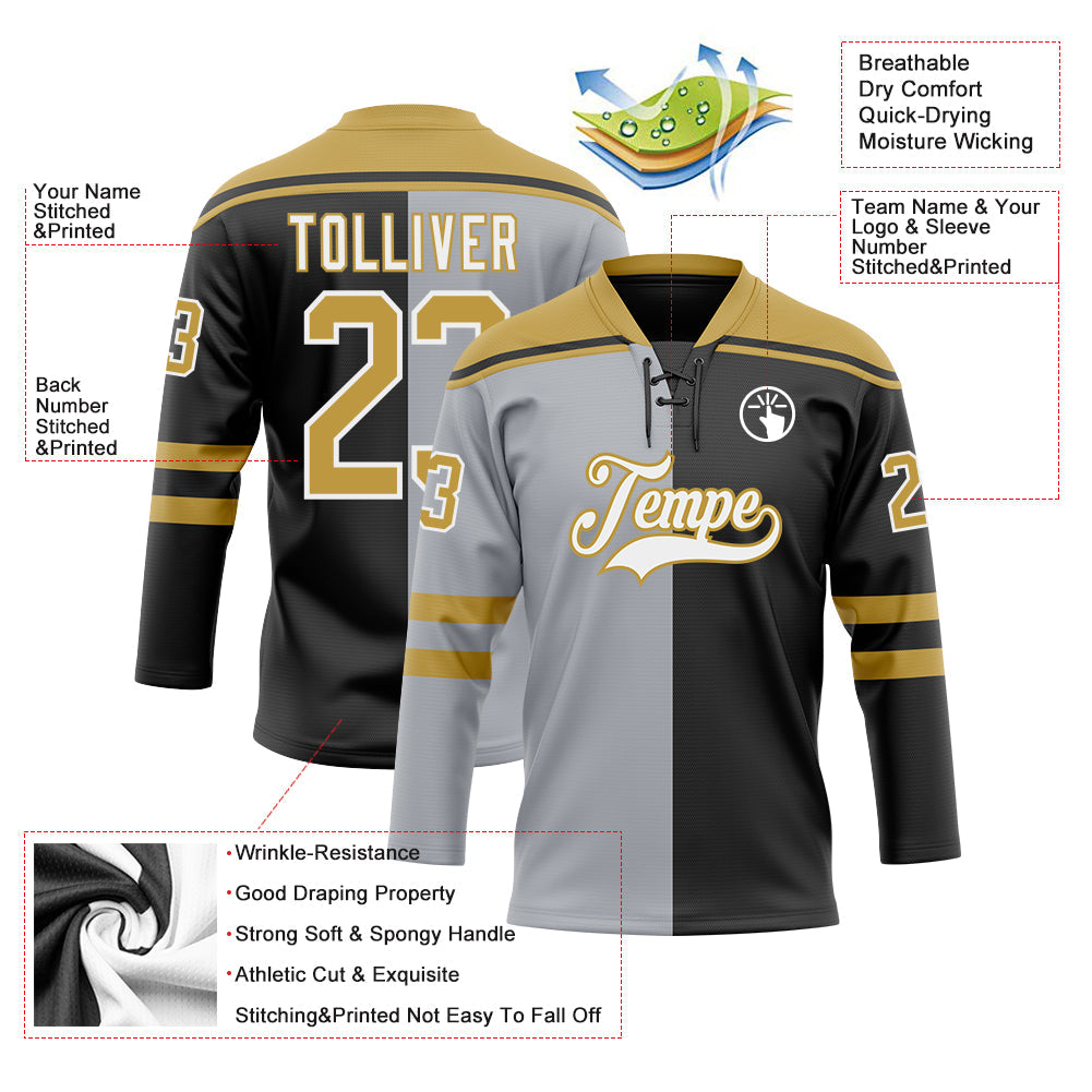 Custom Black Old Gold Gray-White Split Fashion Hockey Lace Neck Jersey view 5