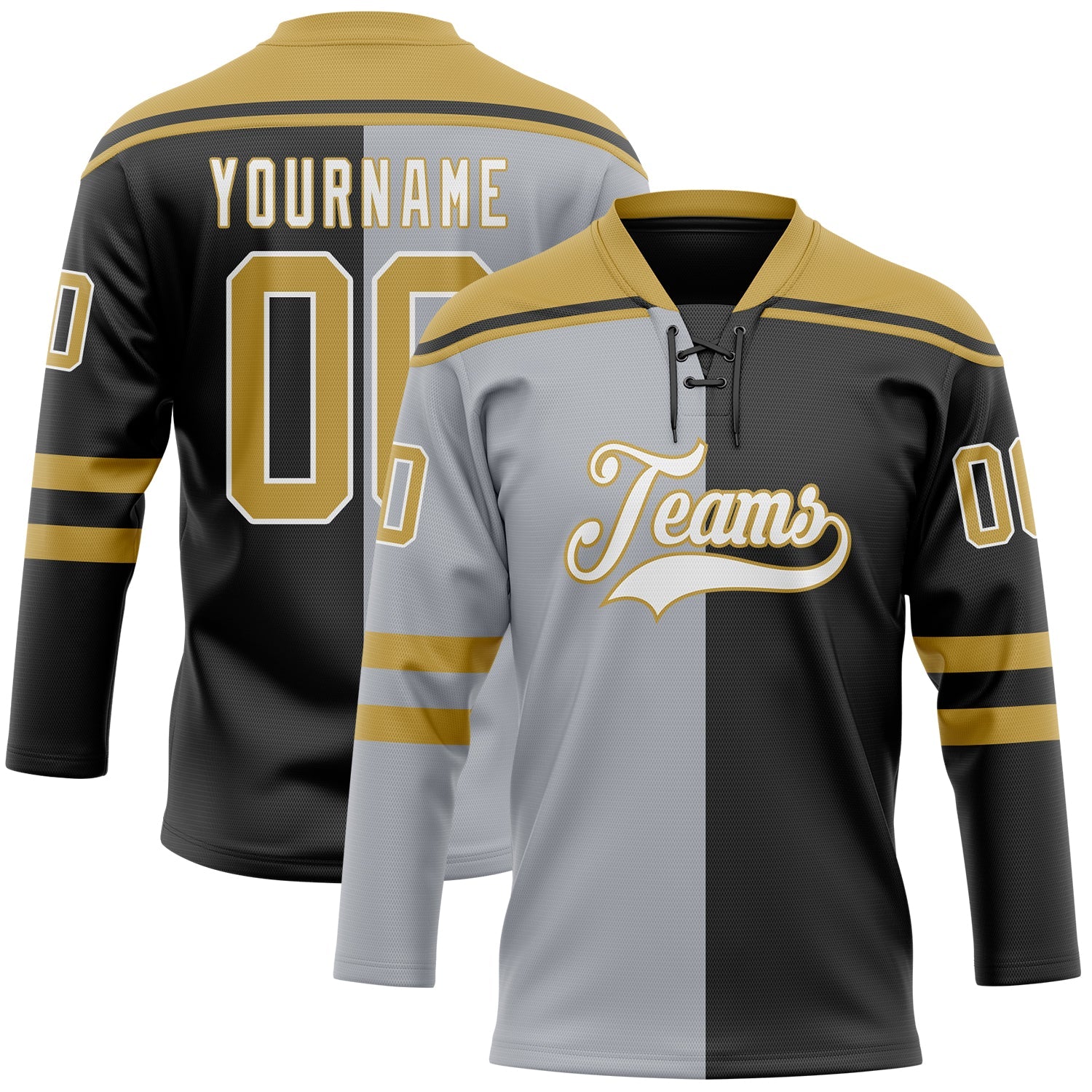 Custom Black Old Gold Gray-White Split Fashion Hockey Lace Neck Jersey - Main View