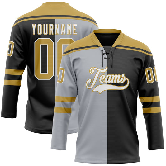 Custom Black Old Gold Gray-White Split Fashion Hockey Lace Neck Jersey - Main View