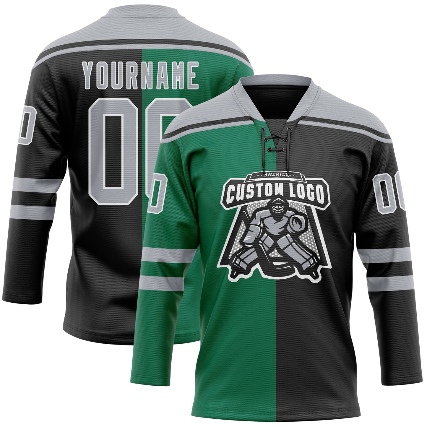 Custom Black Gray Kelly Green-White Split Fashion Hockey Lace Neck Jersey view 2