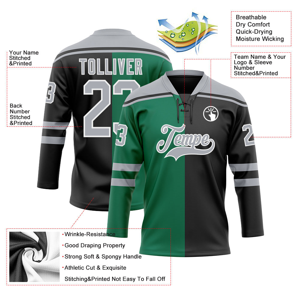 Custom Black Gray Kelly Green-White Split Fashion Hockey Lace Neck Jersey view 5