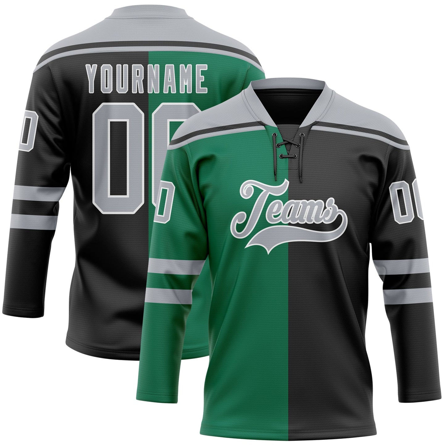 Custom Black Gray Kelly Green-White Split Fashion Hockey Lace Neck Jersey - Main View