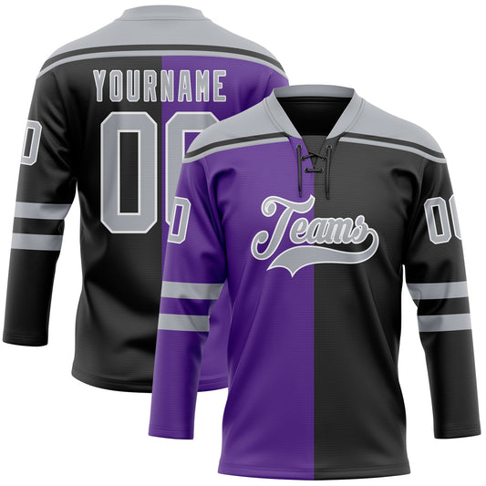 Custom Black Gray Purple-White Split Fashion Hockey Lace Neck Jersey - Main View