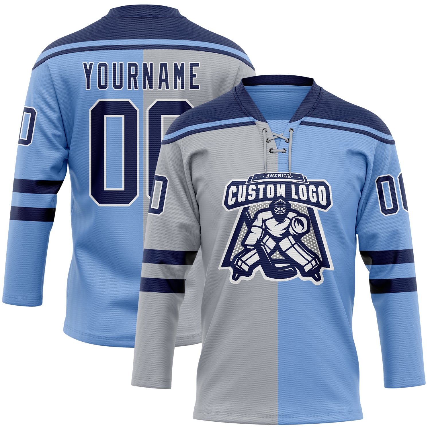Custom Powder Blue Navy Gray-White Split Fashion Hockey Lace Neck Jersey view 2