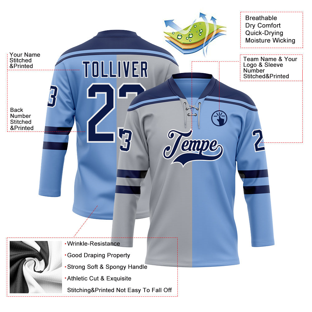 Custom Powder Blue Navy Gray-White Split Fashion Hockey Lace Neck Jersey view 5