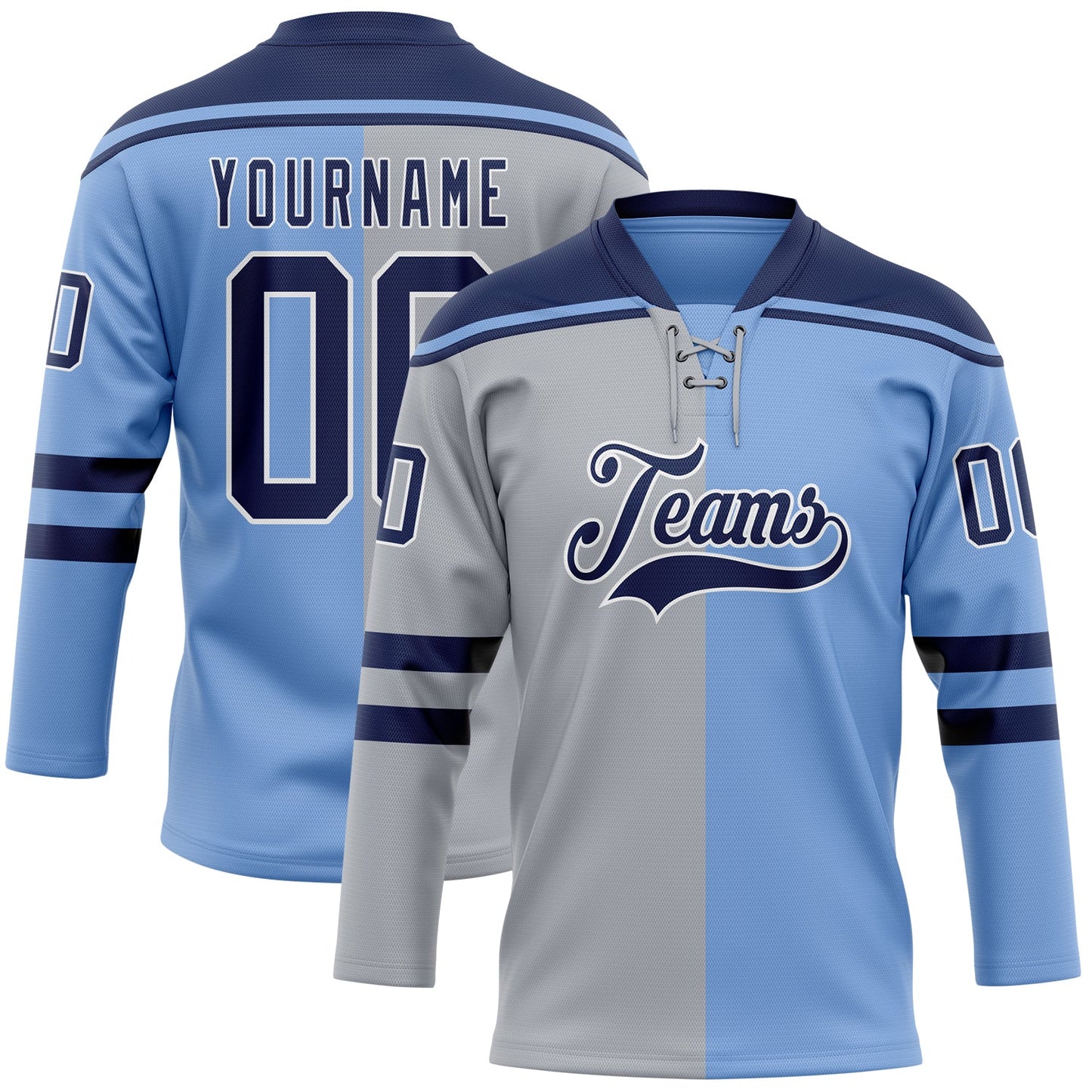 Custom Powder Blue Navy Gray-White Split Fashion Hockey Lace Neck Jersey - Main View
