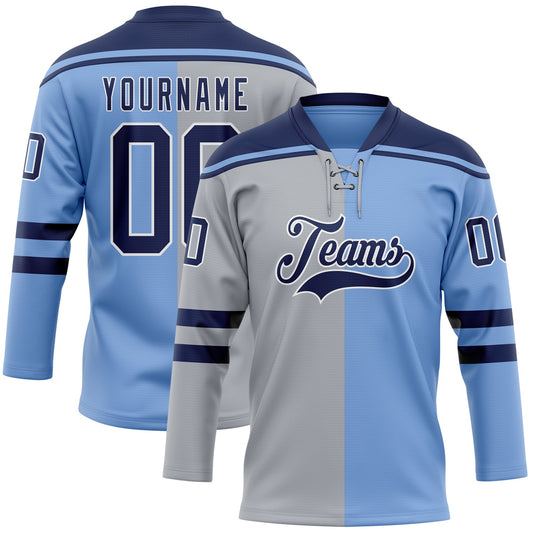 Custom Powder Blue Navy Gray-White Split Fashion Hockey Lace Neck Jersey - Main View