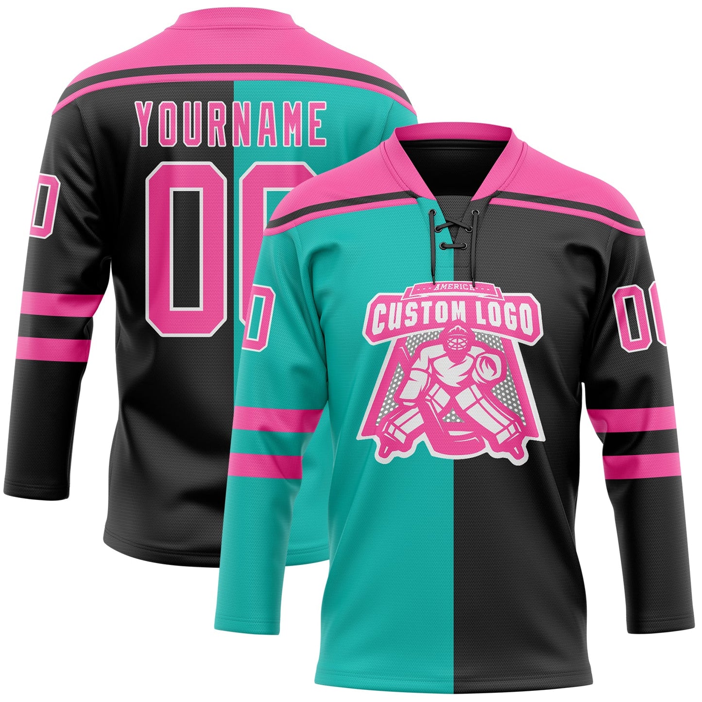Custom Black Pink Aqua-White Split Fashion Hockey Lace Neck Jersey view 2